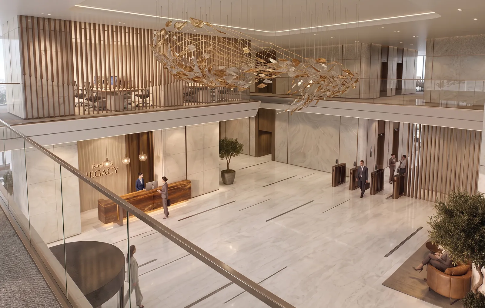 Double-height entrance atrium with a cascading bronze light sculpture over a marble lobby