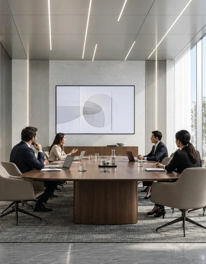 Boardroom with a walnut table, grey chairs and a corner window