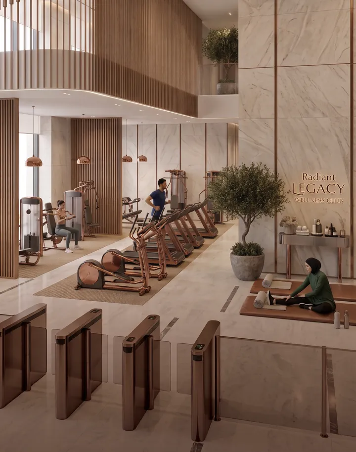 Fitness lounge with timber screens, copper-toned machines and a stretching area