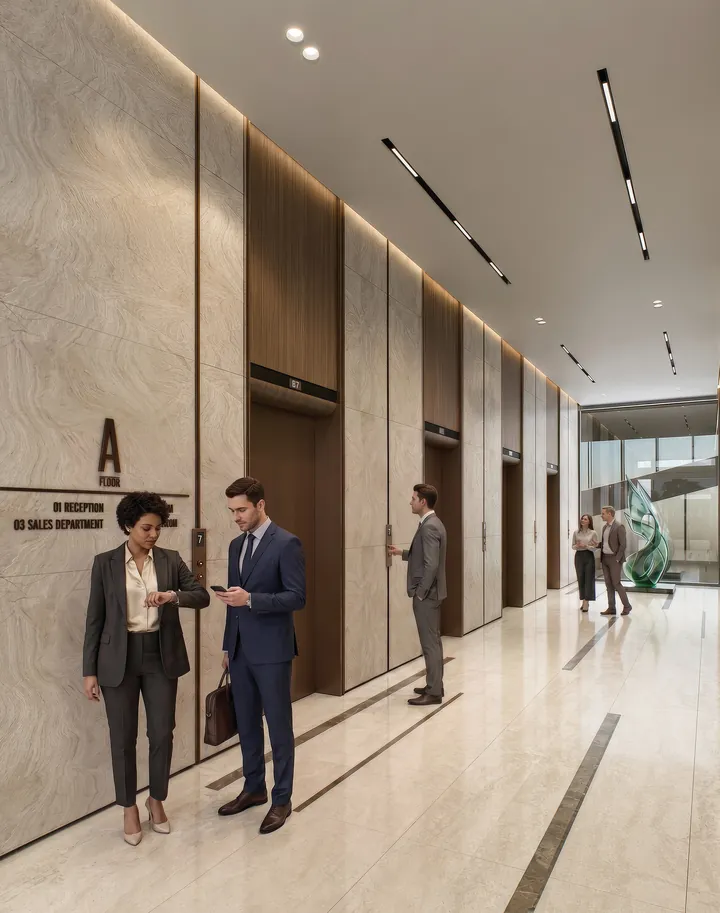 Lift lobby lined in pale stone with walnut doors and linear lighting