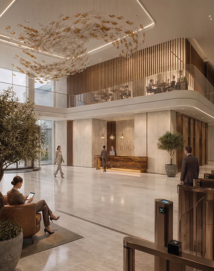 Lobby lounge with leather armchairs below a gallery level