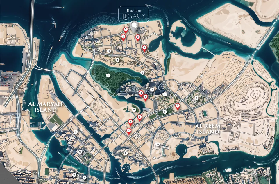 Map of Al Reem Island: Radiant Legacy on the northern shore in Shams, near Radiant Elite, Radiant Waves and Radiant Terrace, with Al Maryah Island to the west