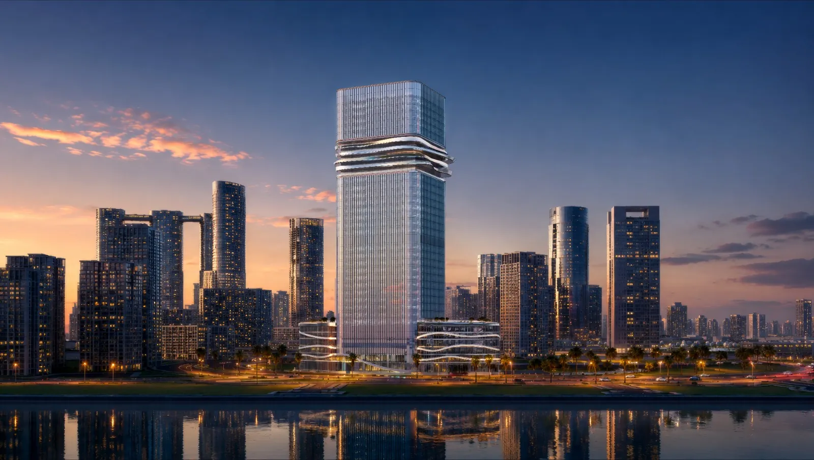 Radiant Legacy lit at dusk among the towers of Al Reem Island, reflected in the water