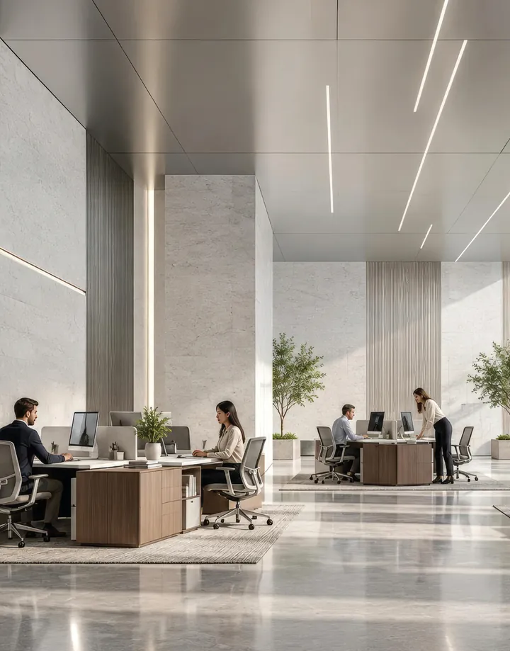 Open-plan office floor with oak desks, a marble floor and floor-to-ceiling glazing