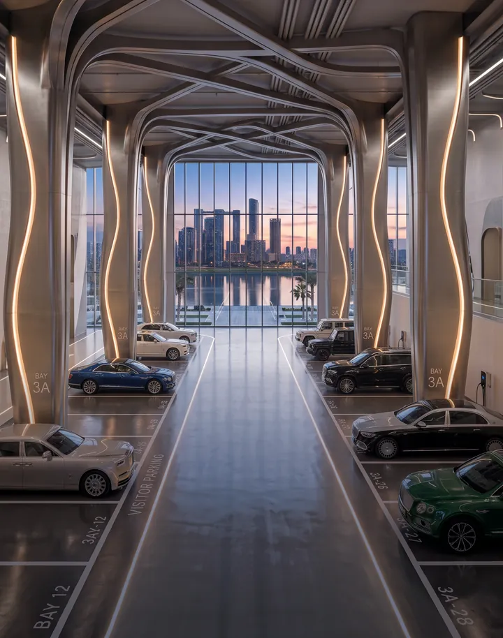 Sculpted parking hall with lit organic columns and a view of the skyline