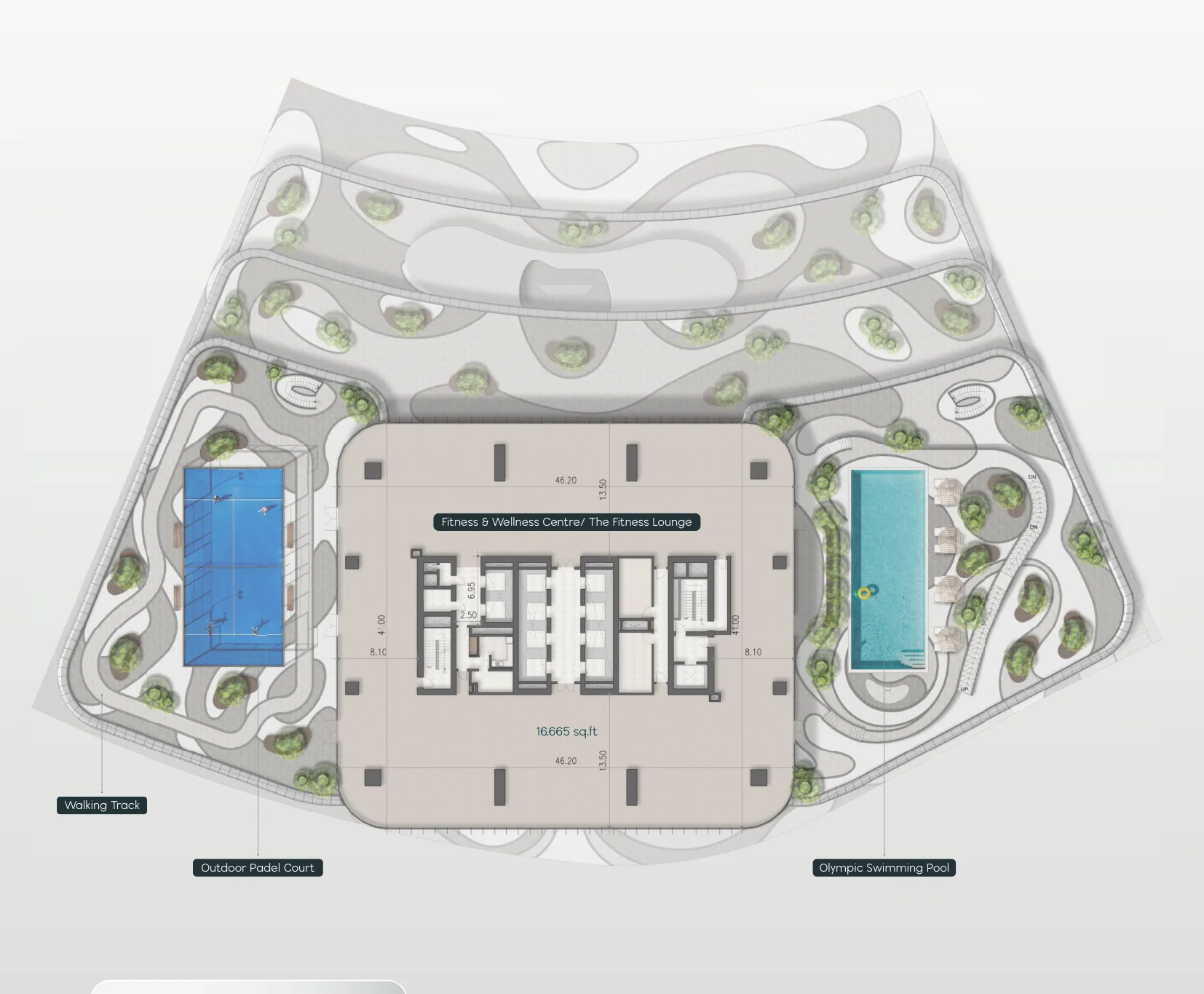 Floor plan, sixth-floor amenity deck with the fitness centre, pool, padel court and walking track