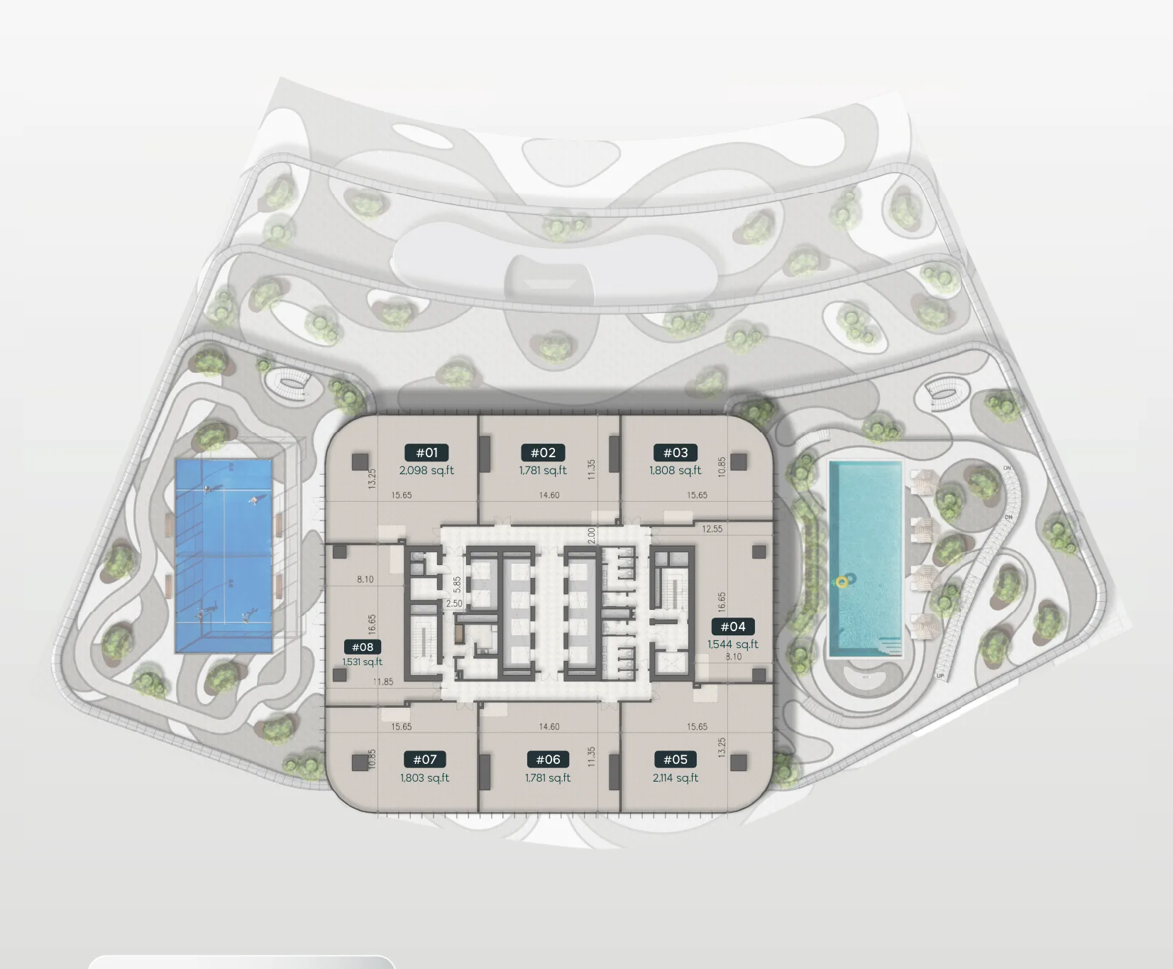 Floor plan, typical office floor with eight suites around the core