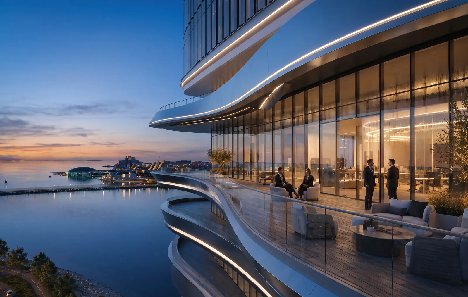 Executives on a curving glass-railed office terrace at dusk, with the Louvre Abu Dhabi dome across the water